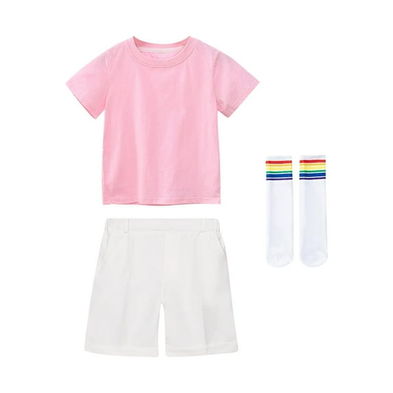 Girls First Day of School Outfits Set Casual Short Sleeve Tees Shorts Rainbow Socks Cotton Summer Going Out Clothes 4 Years, Pink