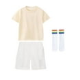 thumbnail image 1 of Girls First Day of School Outfits Set Casual Short Sleeve Tees Shorts Rainbow Socks Cotton Summer Going Out Clothes 9 Years, Beige, 1 of 5
