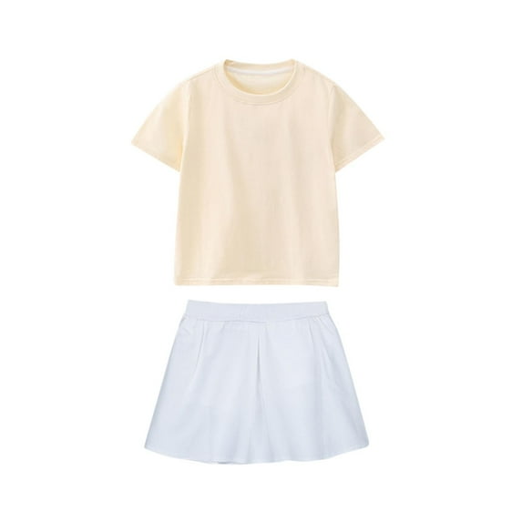 Girls First Day of School Outfits Set Casual Short Sleeve Tees Skirts Cotton Athletic Summer Going Out Clothes 2 Years, Beige