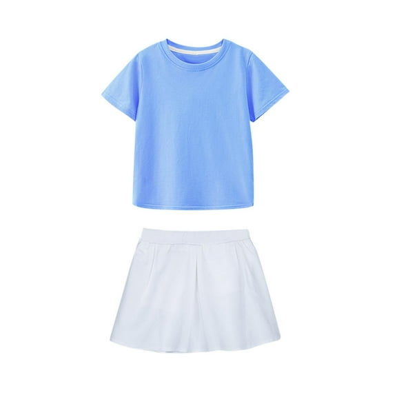 Girls First Day of School Outfits Set Casual Short Sleeve Tees Skirts Cotton Athletic Summer Going Out Clothes 3 Years, Light Blue