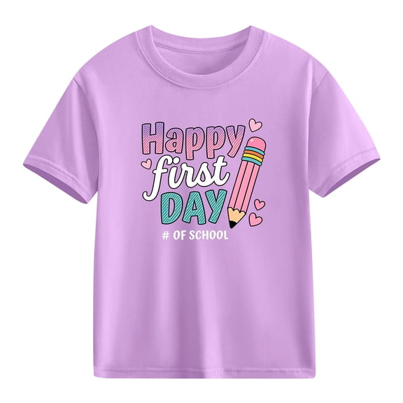 Girls First Day of School Shirt Back to School Outfit 2024 Purple Kids Happy Cotton T-Shirt Short Sleeve,Size 3 T