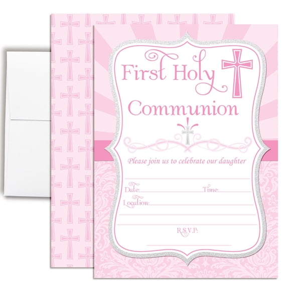 Girls First Holy Communion Invitations in Pink  20 Fill In the Blank 5x7 Cards with Envelopes by Amanda Creation