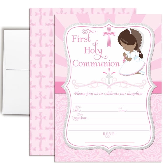 Girls First Holy Communion Invitations in Pink (Brown Skin Brown Hair) 20 Fill In the Blank 5x7 Cards with Envelopes by Amanda Creation