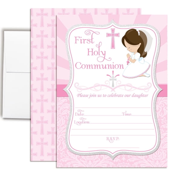 Girls First Holy Communion Invitations in Pink (Light Skin Brown Hair) 20 Fill In the Blank 5x7 Cards with Envelopes by Amanda Creation