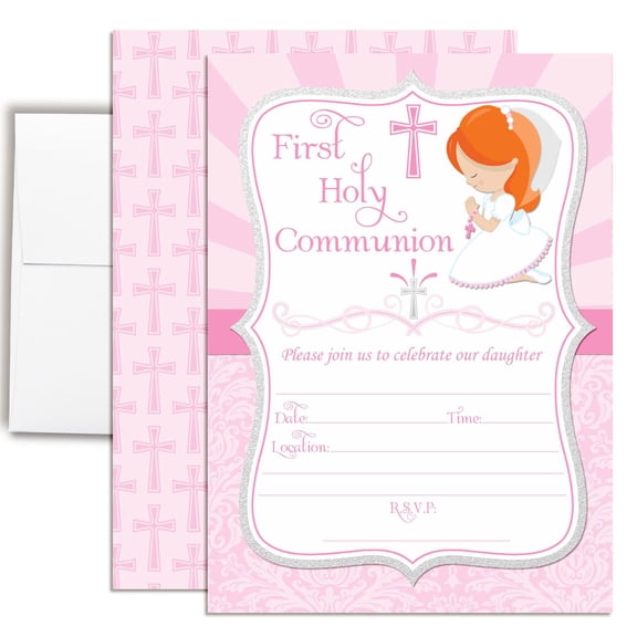 Girls First Holy Communion Invitations in Pink (Light Skin Red Hair) 20 Fill In the Blank 5x7 Cards with Envelopes by Amanda Creation