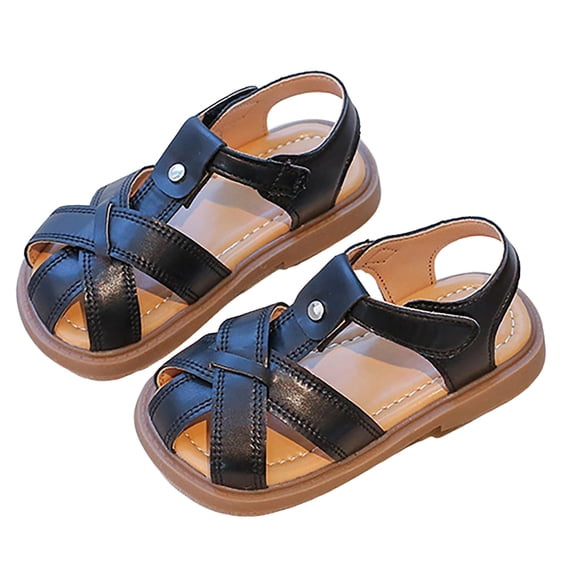 Girls Fisherman Sandals Soft Leather Closed Toe Princess Flat Shoes Summer Casual Breathable Strappy Beach Shoes Black 8.5 Toddler