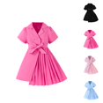 thumbnail image 1 of Girls Fit-and-Flare Puff Sleeve Dress – Chiffon Notch Collar Gown with Cinched Waist, Chic Everyday Outfit, Stylish Match to Pink Dress for Girls Wardrobe, 1 of 8