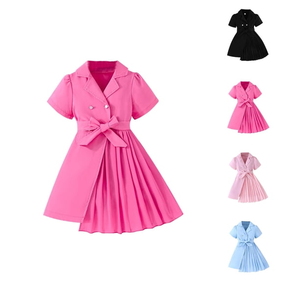 Girls Fit-and-Flare Puff Sleeve Dress – Chiffon Notch Collar Gown with Cinched Waist, Chic Everyday Outfit, Stylish Match to Pink Dress for Girls Wardrobe