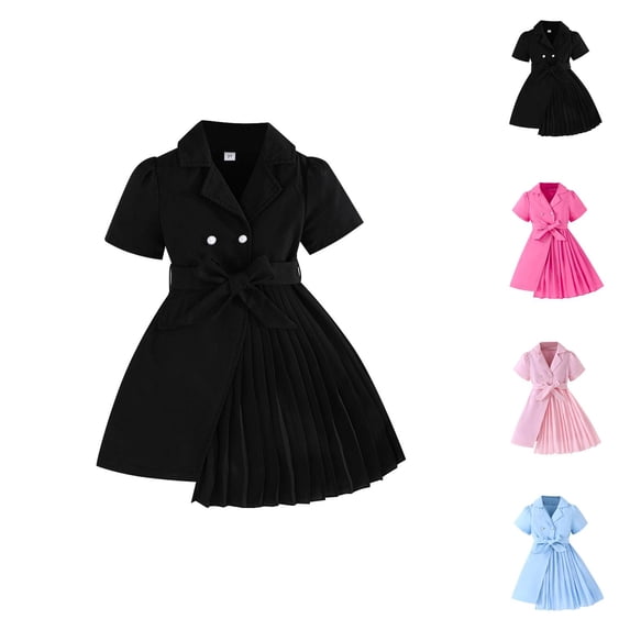 Girls Fit-and-Flare Puff Sleeve Dress – Chiffon Notch Collar Gown with Cinched Waist, Chic Everyday Outfit, Stylish Match to Pink Dress for Girls Wardrobe