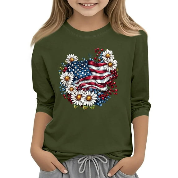 Girls' Flag Printed Pattern 3/4 Sleeve Casual Comfort T Shirt for 10-11 Years