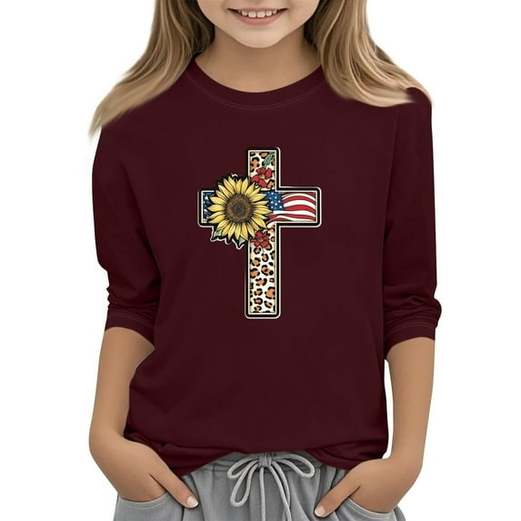 Girls' Flag Printed Pattern 3/4 Sleeve Casual Comfort T Shirt for 4-5 Years