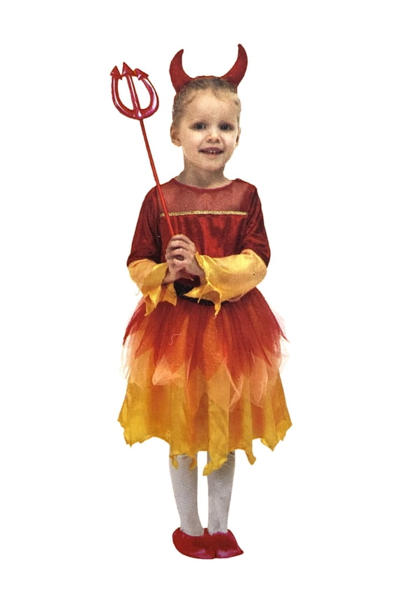 Girls Flame Devil Dress With Headband & Pitchfork Halloween Costume Small (4-6)