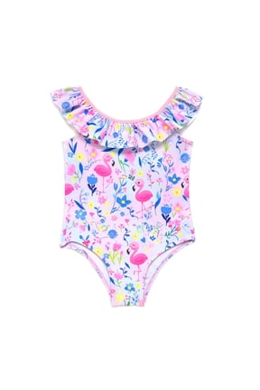 Girls One Piece Swimsuit Ruffle Flounce Neckline Cute Flamingo Tropical Floral Print Sleeveless Beach Vacation Rash Guard Swimwear for Girls Age 8 Years