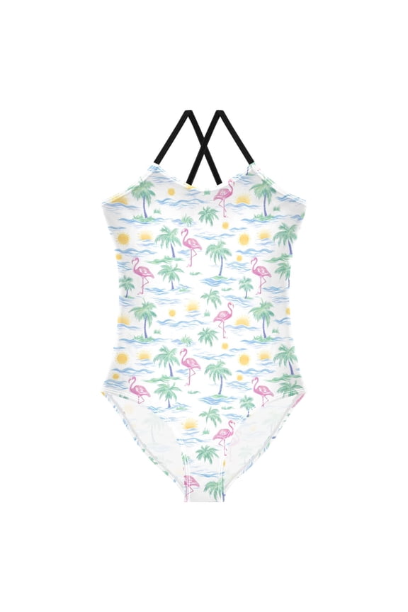 Girls Flamingo Palm Tree Sun Print One Piece Swimsuit, Cross Back Spaghetti Strap Bathing Suit for Kids Summer Beach Pool Swimwear 5-6T