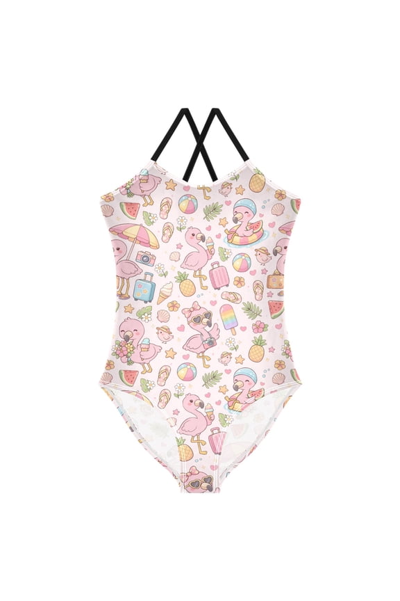 Girls Flamingo Summer Beach Print One Piece Swimsuit, Cross Back Spaghetti Strap Bathing Suit for Kids Summer Beach Pool Swimwear 7-8T