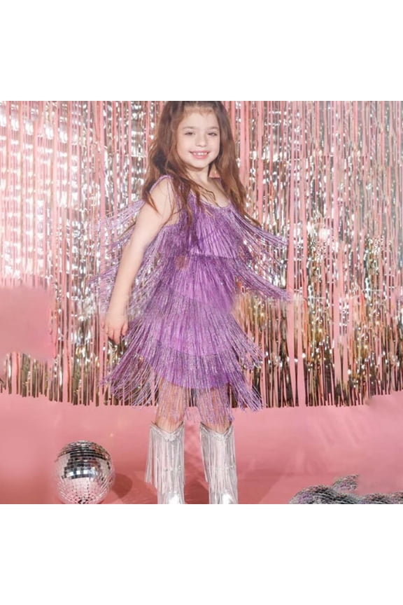 Girls Flapper Dress Sequins Fringe Latin Dance Dress Tassel Tango Dress Size 3-4Y