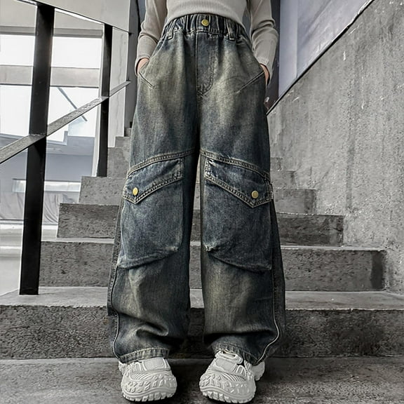 Girls Flare Jeans Kids Fashion Stretchy Denim Pants Bell Bottoms with Pockets Stretch Crossover Waisted Bell Bottom Denim Pants Black Jeans For Boys 16-18 Slim