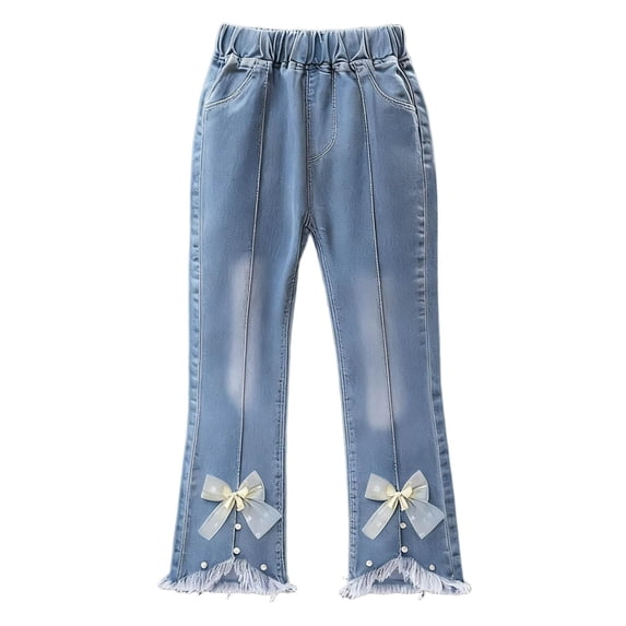 Girls Flare Jeans Light Blue Soft Denim Elastic Waistband Kids to Kids 2T-13 Years with Bow Detail Casual Everyday Pants,Size 9-10 T