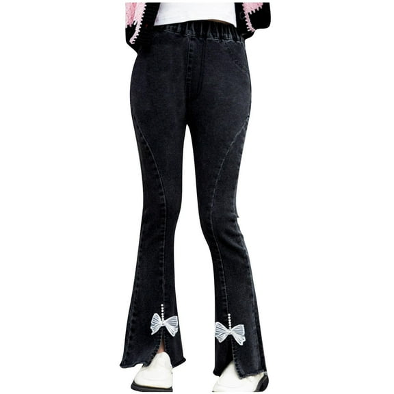 Girls Flare Jeans Pants Loose Wide Leg Elastic High Waist Fashion Trousers Solid Color Versatile Long Pant Black 11 Years