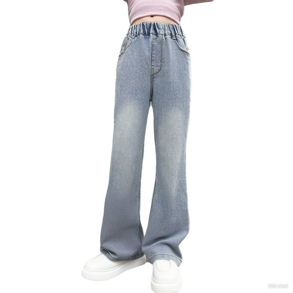 Girls Flare Jeans Pants Loose Wide Leg Elastic High Waist Fashion Trousers Solid Color Versatile Long Pant Light Blue 11 Years