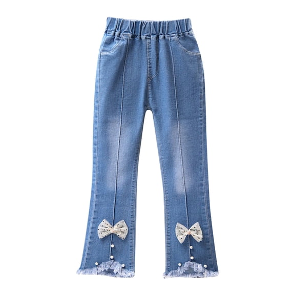 Girls Flare Jeans Size 6 Elastic Waist Slimming Frayed Hem Denim Pants Bow Fashion Relaxed Casual Cropped Trousers, Beige5 Years
