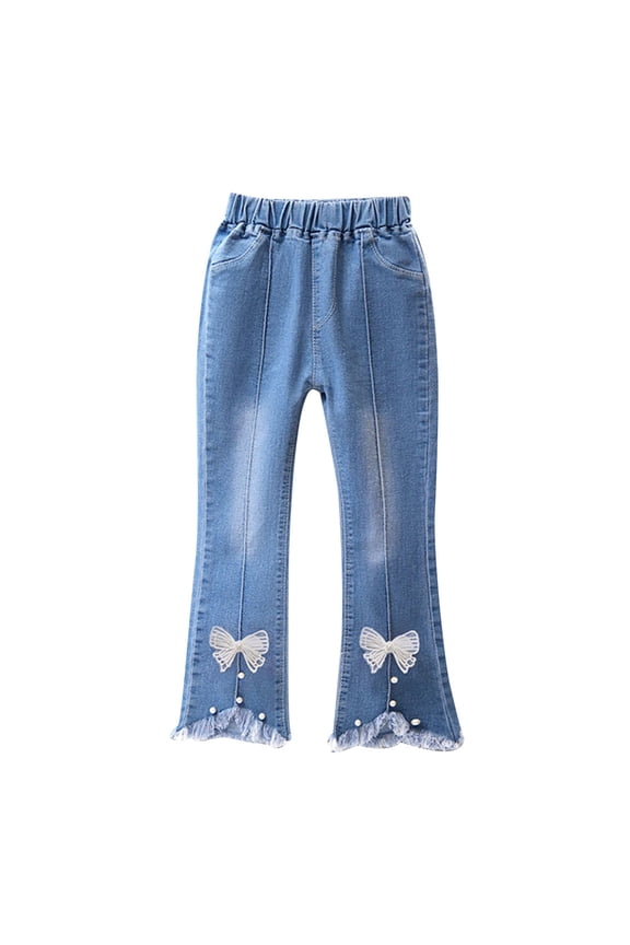 Girls Flare Jeans Size 6 Elastic Waist Slimming Frayed Hem Denim Pants Bow Fashion Relaxed Casual Cropped Trousers, White2 Years
