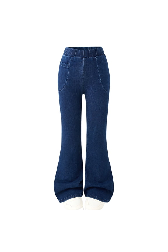 Girls Flare Jeans Stretch Denim Elastic Waist High Waist Bootcut Pants for Kids Dark Blue Wash 6-13 Years,Size 8-9T