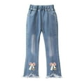 thumbnail image 1 of Girls Flare Jeans with Bows High Waisted Elastic Light Wash Bootcut Frayed Hem Kids to Big Kid,Size 2-3 T, 1 of 6