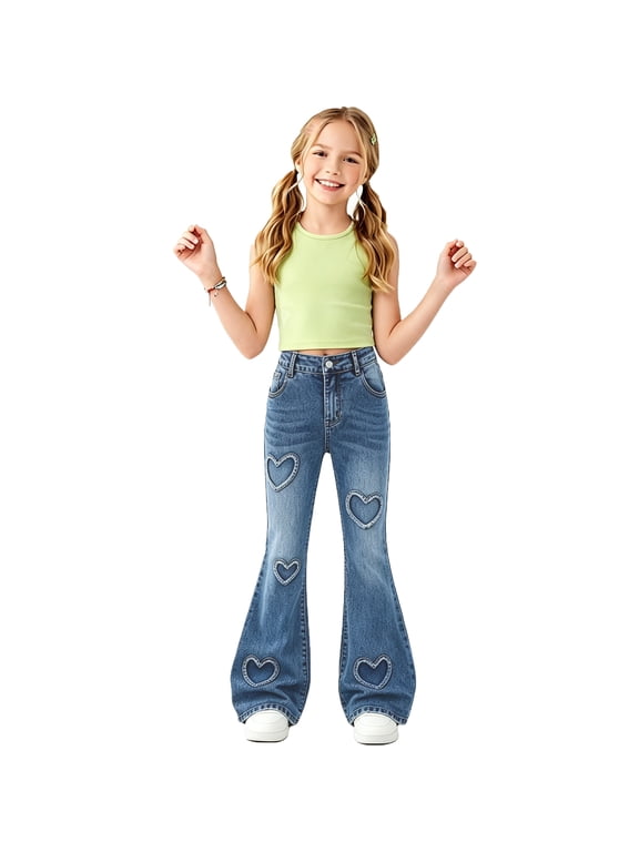 Girls Flare Jeans with Heart Patch, Stretch Bell Bottom Denim Pants for Tween Girls 8-12 Years