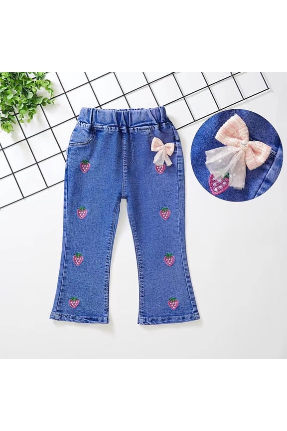 Girls Flare Jeans with Strawberry Embroidery Kids Elastic Waist Denim Pants Dark Blue 2T-6,Size 1-2T