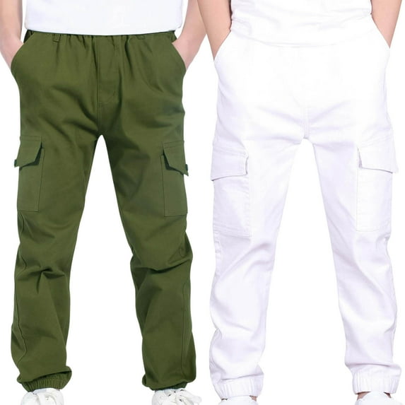 Girls Flare Leggings 2 Pack Boys Cargo Pants Elastic Waist Casual School Uniform Trousers Outdoor Sports Athletic Hiking Pants with Pockets Yoga Trousers for Kids White 4Y