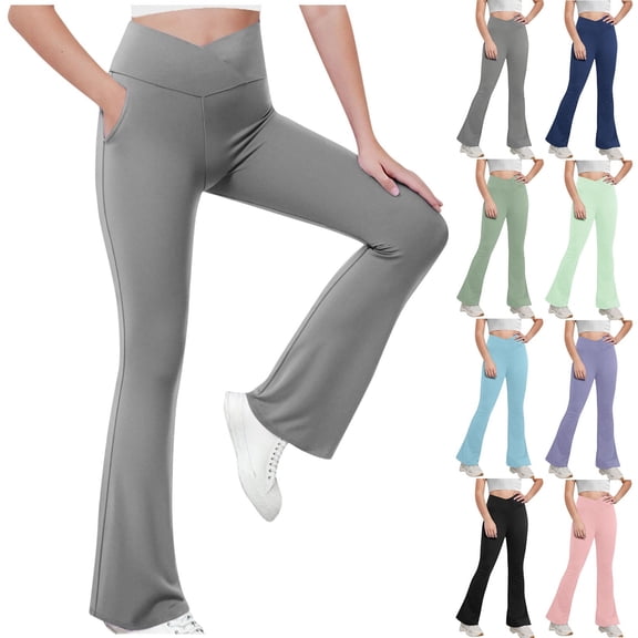 Girls' Flare Leggings Cross High Waisted Bootcut Yoga Dance Pants Kids Bell Bottoms Leggings with Pockets Teen Girls Pants Kids Active Crossover Split Hem Flare Leggings with Pockets