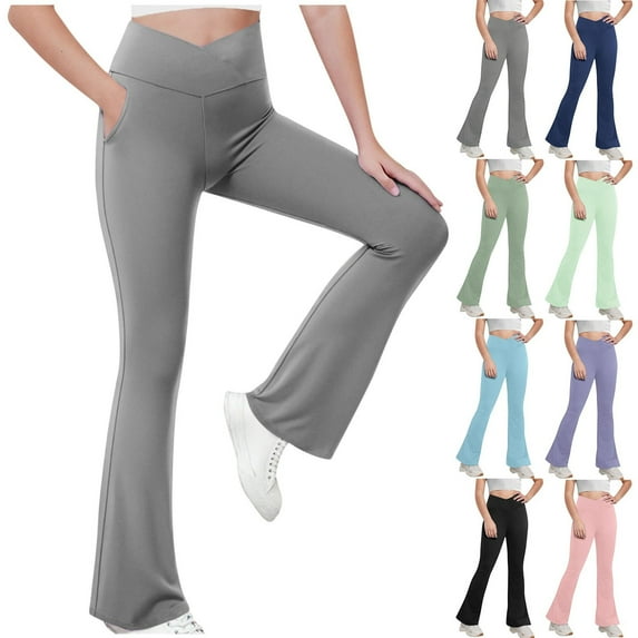 Girls' Flare Leggings Cross High Waisted Bootcut Yoga Dance Pants Kids Bell Bottoms Leggings with Pockets Teen Girls Pants Kids Active Crossover Split Hem Flare Leggings with Pockets