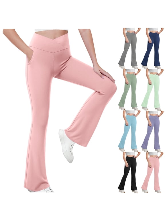 Girls' Flare Leggings Cross High Waisted Bootcut Yoga Dance Pants Kids Bell Bottoms Leggings with Pockets Teen Girls Pants Kids Active Crossover Split Hem Flare Leggings with Pockets