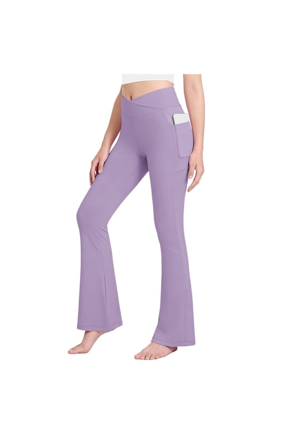 Girls Flare Leggings High Waisted V Crossover Casual Yoga Bell Bottoms with Pockets Pants for Kids,Purple 11-12 Years