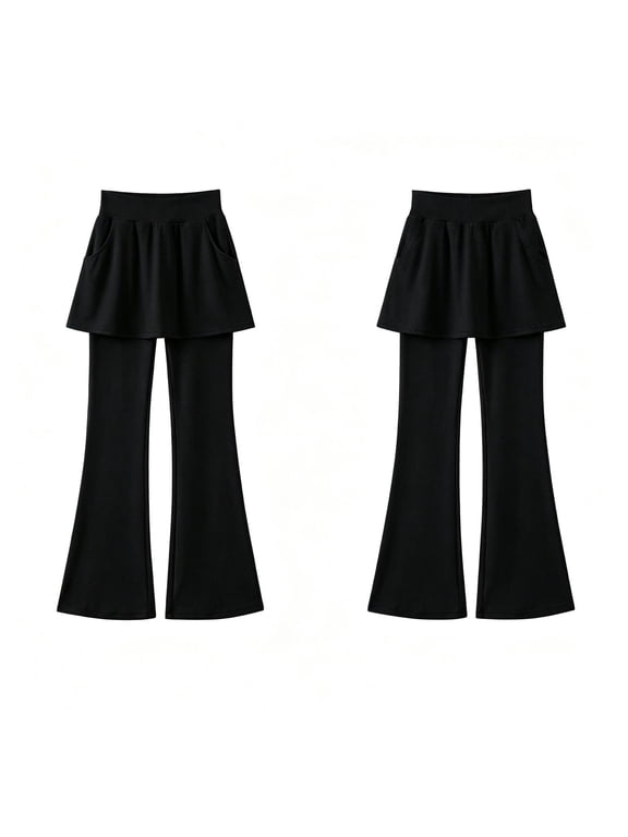 Girls Flare Leggings Size 7-8 Girls 2-in-1 Skirted Flare Leggings, High Waist Skort Bootcut Yoga Pants with Pockets, Sports School Uniform Flared Trousers, Trendy Back To School Clothes for Girls