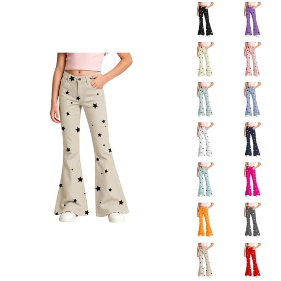 Girls Flare Pants 70s Classic Casual Y2k Five-Pointed Star Print Bootcut Pants Bell Bottoms Trousers with Pockets 5-16 Years
