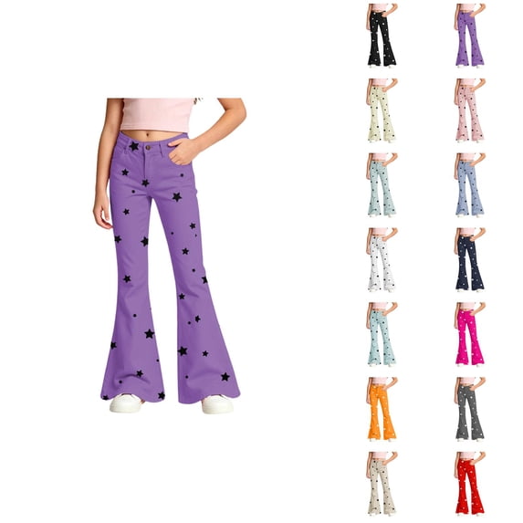 Girls Flare Pants 70s Classic Casual Y2k Five-Pointed Star Print Bootcut Pants Bell Bottoms Trousers with Pockets 5-16 Years