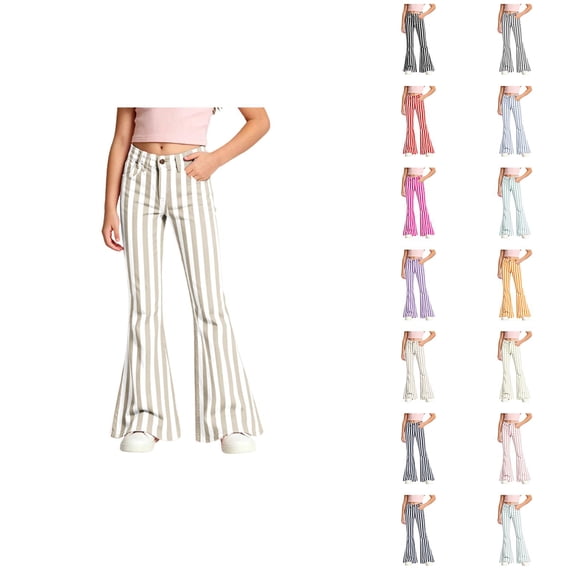 Girls Flare Pants 70s Classic Casual Y2k Striped Bootcut Pants Bell Bottoms Trousers with Pockets 5-16 Years