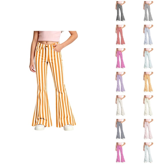 Girls Flare Pants 70s Classic Casual Y2k Striped Bootcut Pants Bell Bottoms Trousers with Pockets 5-16 Years