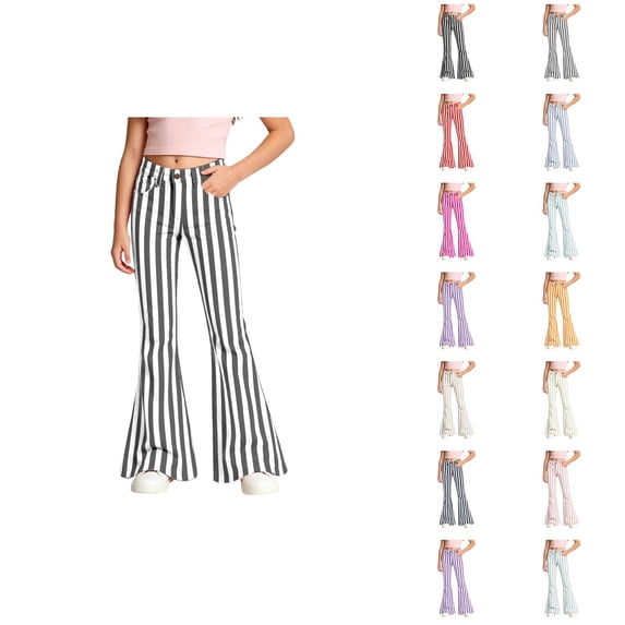 Girls Flare Pants 70s Classic Casual Y2k Striped Bootcut Pants Bell Bottoms Trousers with Pockets 5-16 Years