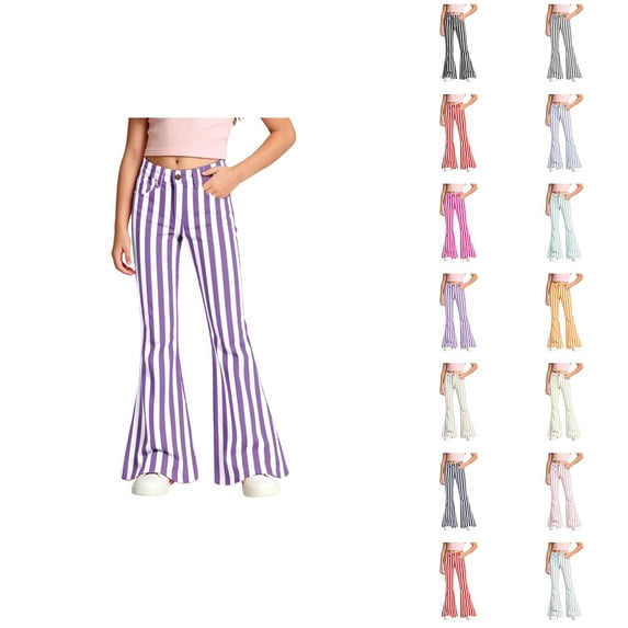 Girls Flare Pants 70s Classic Casual Y2k Striped Bootcut Pants Bell Bottoms Trousers with Pockets 5-16 Years