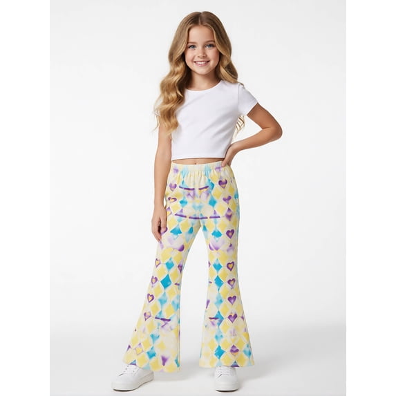 Girls Flare Pants, AI Digital Print Bell Bottoms,All-Season Sizes 3-13Y