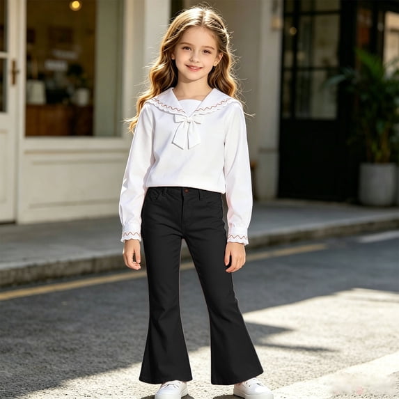 Girls Flare Pants Bell Bottom Wide Leg Plain Pants for Girls (Black)