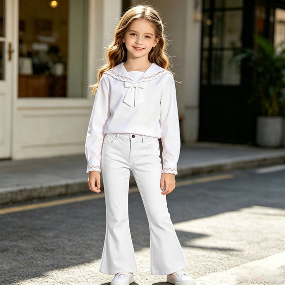 Girls Flare Pants Bell Bottom Wide Leg Plain Pants for Girls (White)