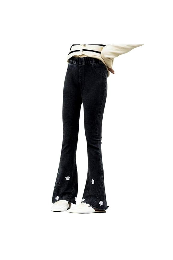 Girls Flare Pants Fashion Floral Printed High Waisted Bell Bottom Jeans Denim Trousers with Pockets Size 4-13