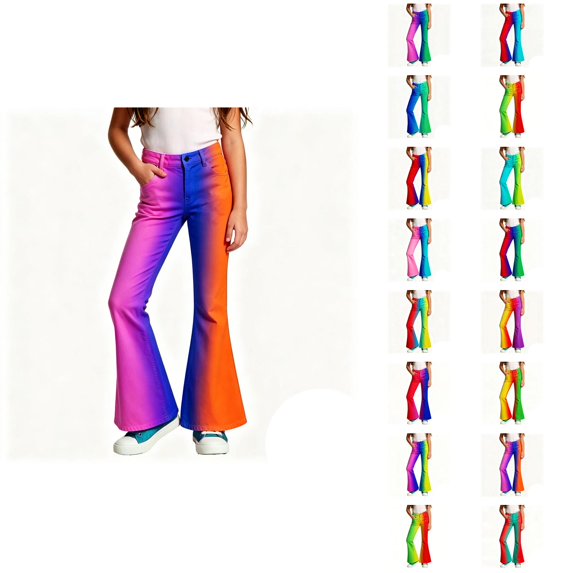 Girls Flare Pants Fashion Gradient Color Casual 70s Disco Bell Bottom Pants Trousers with Pockets 5-16 Years