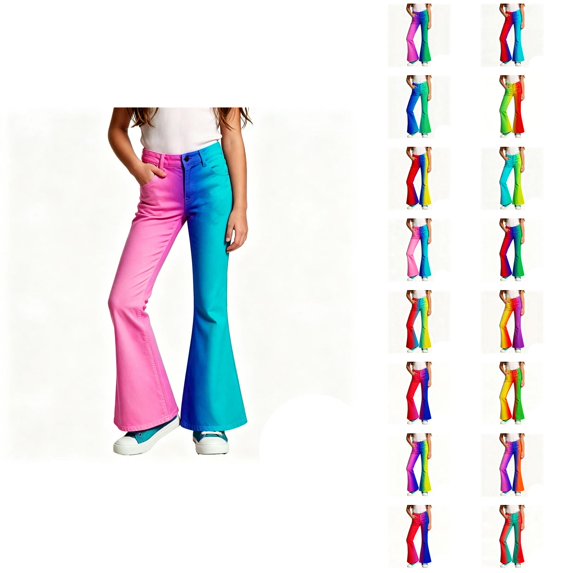Girls Flare Pants Fashion Gradient Color Casual 70s Disco Bell Bottom Pants Trousers with Pockets 5-16 Years