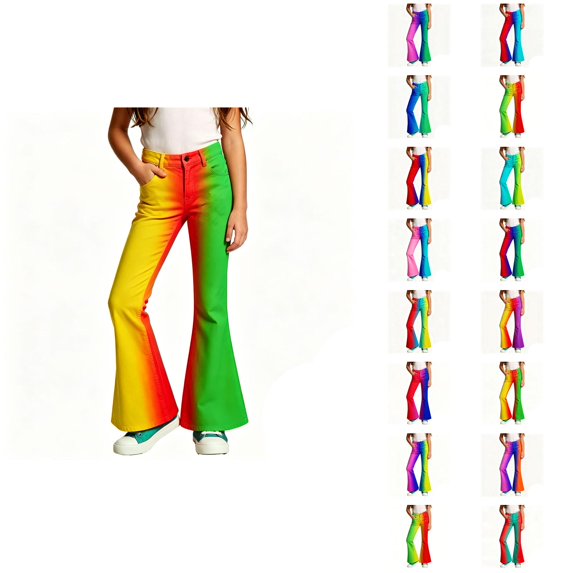 Girls Flare Pants Fashion Gradient Color Casual 70s Disco Bell Bottom Pants Trousers with Pockets 5-16 Years