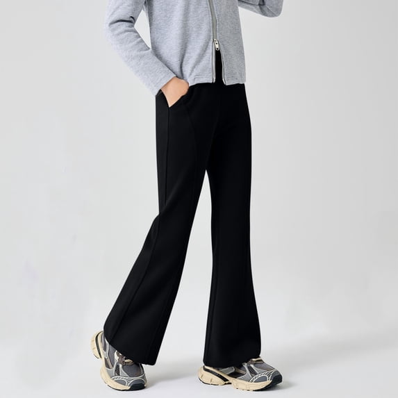 Girls Flare Sweatpants Elastic Waist Casual Wide Leg Winter Comfort Yoga Trousers Jogging Sports Soft Fashion Pants Black 11-12 Years